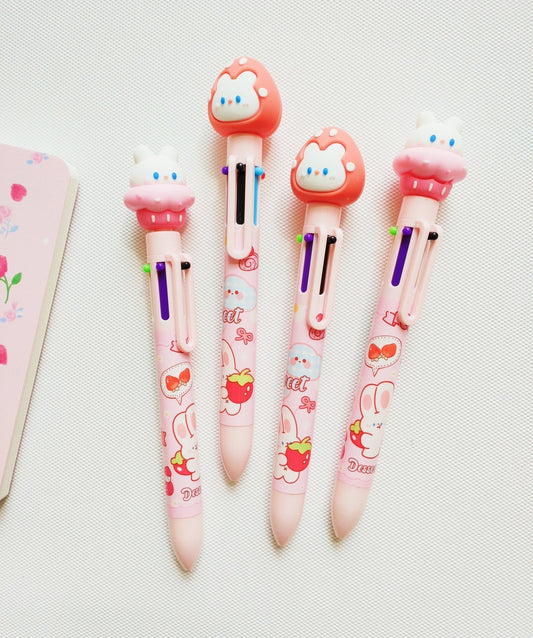 6 Colors In 1 Multiple Color Cute Strawberry Bunny Ballpoint Pen - Twinkle Star Gifts