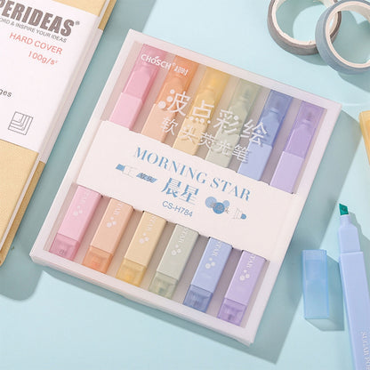 6 Pcs Pastel Dot Highlighter Pen Set  in a Plastic Transparent Box with MORNING STAR on it