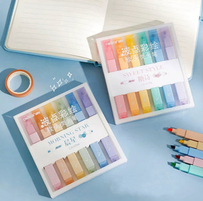 Two Boxes of Dot Highlighter Set on a Blue Table Morning Star and Sweet Style 