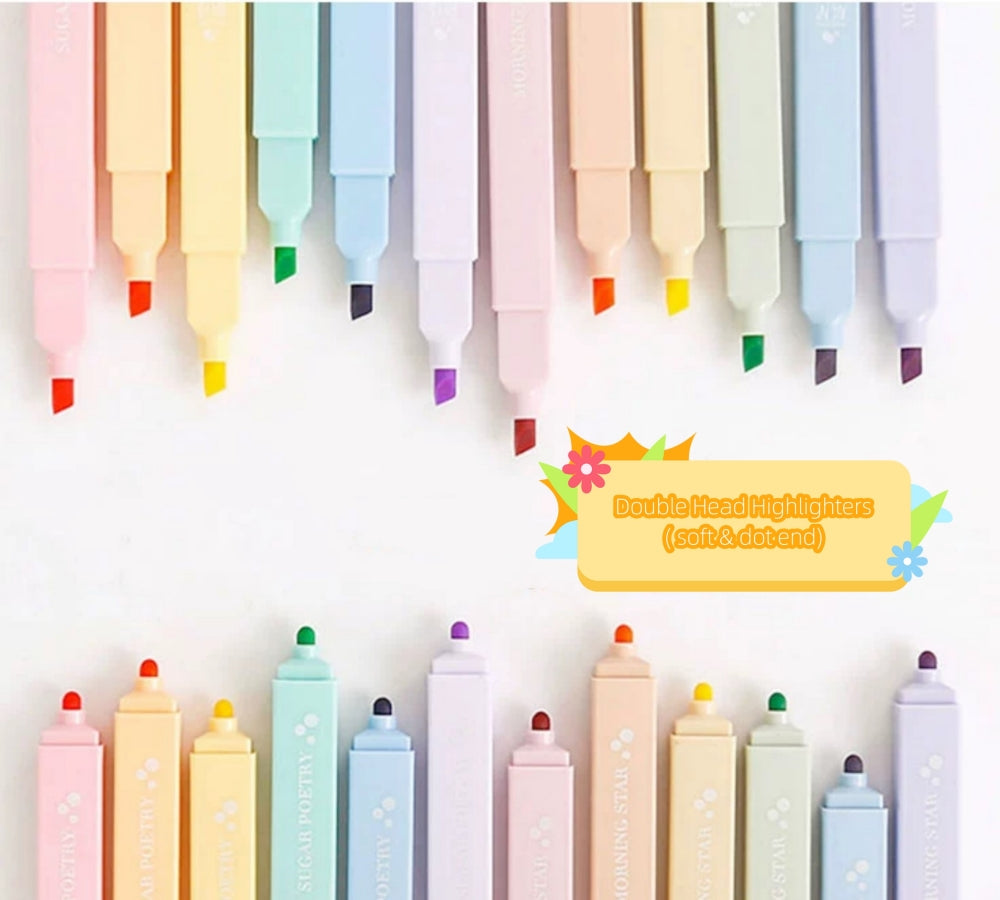 Pastel Dot Highlighter Set with Dual Tip One Side is Dot Tip the Other Side is Chisel Tip Pastel Color Square Body