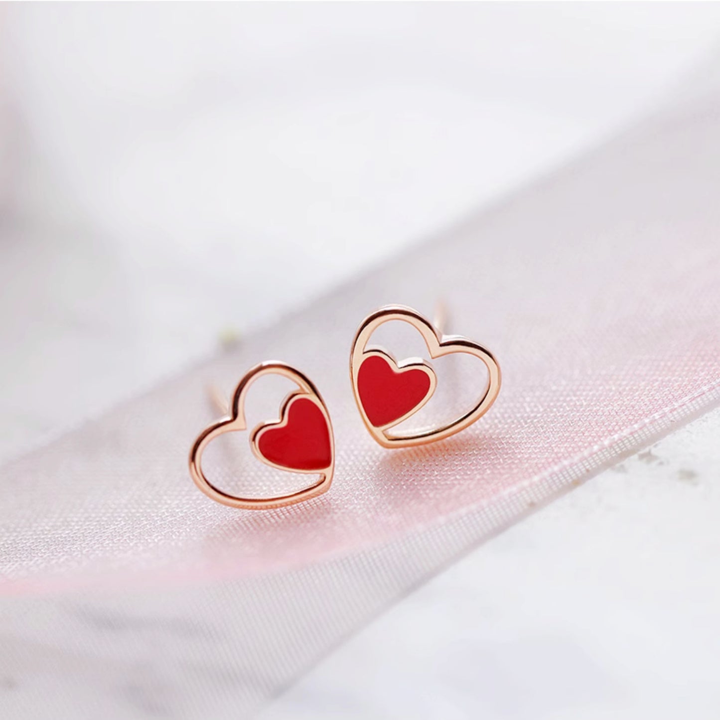 Sterling Silver Red Heart Stud Earrings