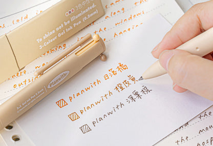Close up of Triangular  Beige Pen Body 3 in 1 Color Gel Pen and Package