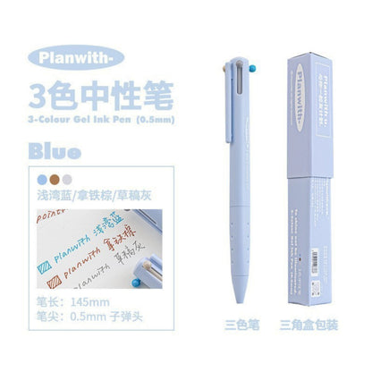 Blue Barrel 3 Color Gel Ink Pen with Light Blue Brown Grey Color and Package