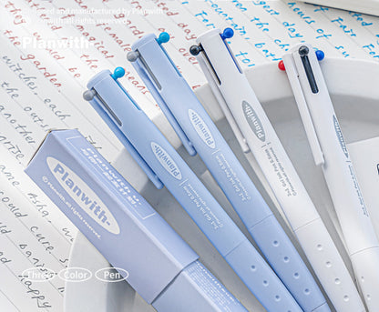 Close up of Blue and White Pen Body 3 Color Click Gel Ink Pen