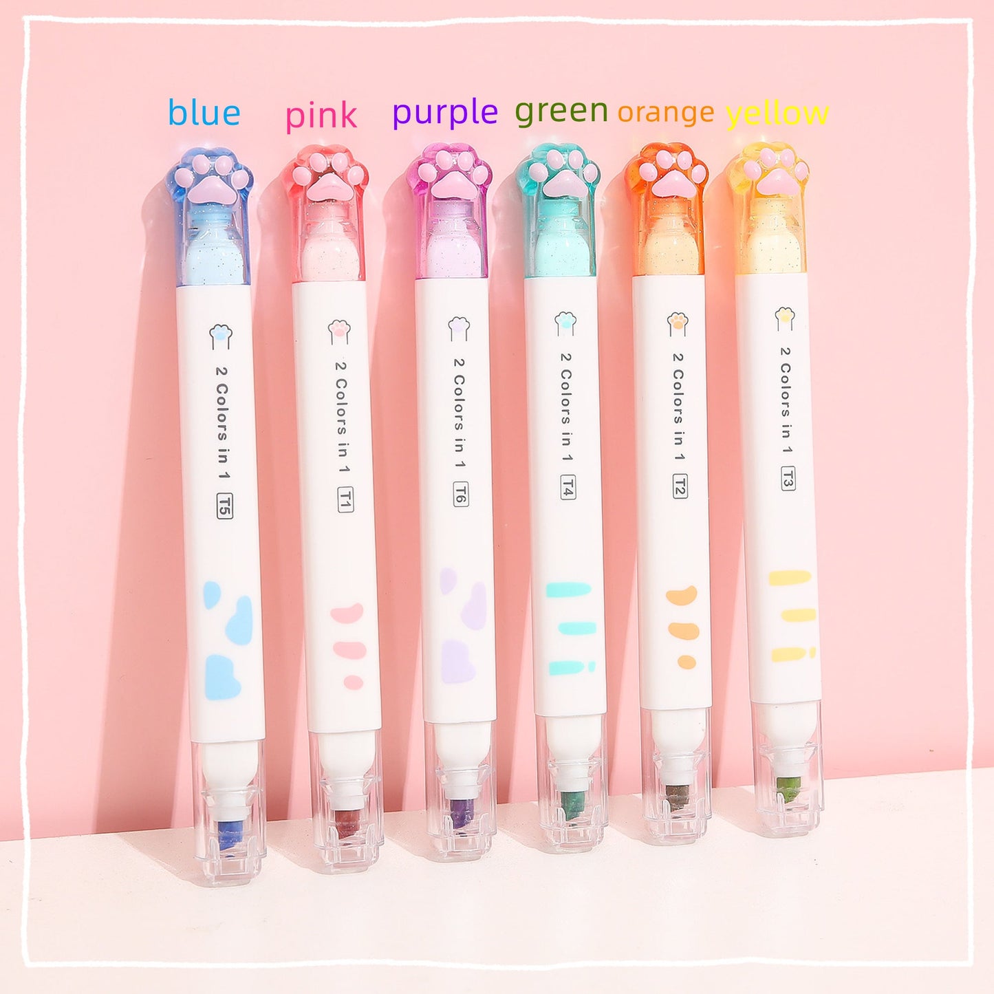 6 Pcs,12 Colors Cat Paw Double Head Highlighter Pen Set labelled the blue pink purple green orange yellow color with a pink ground