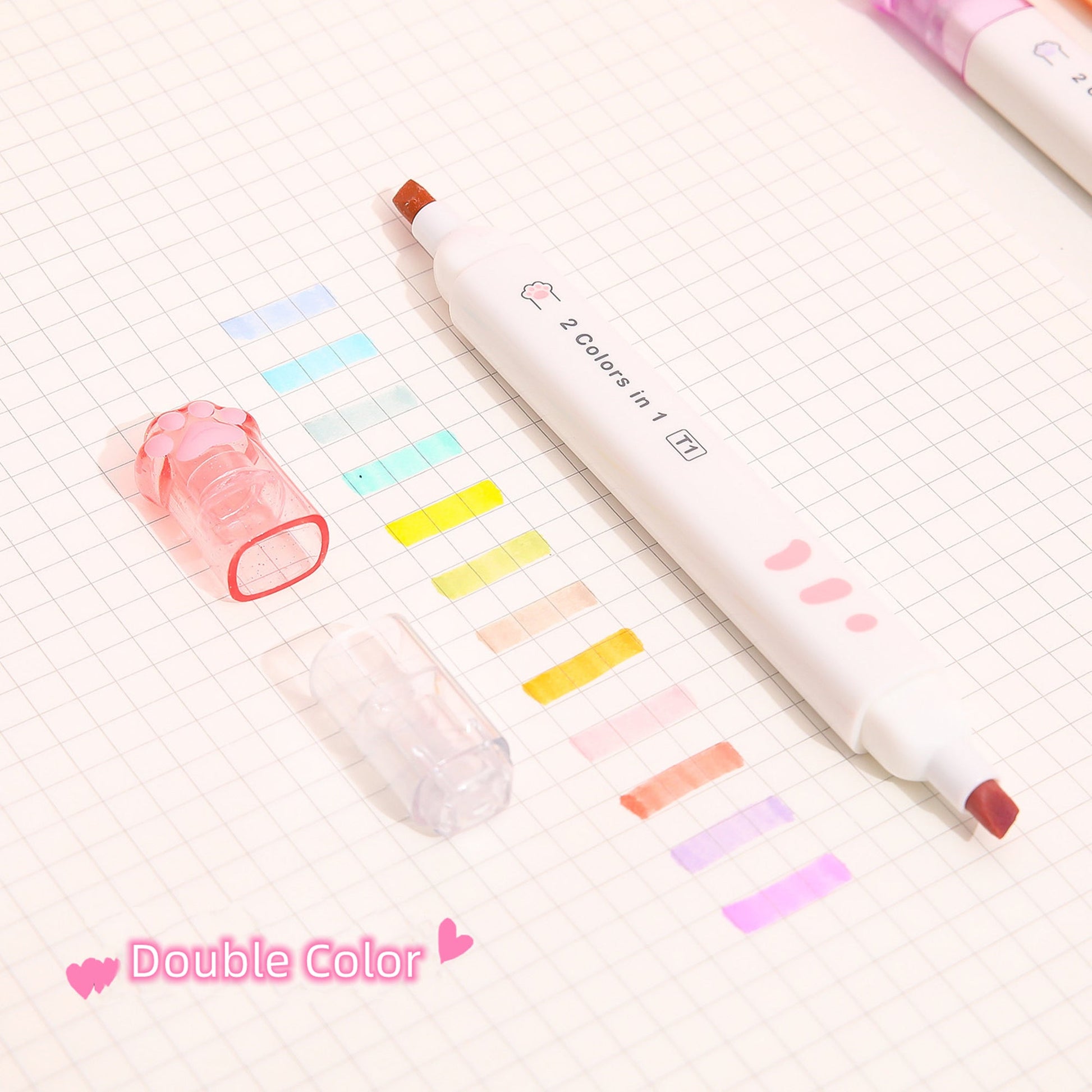 a Cat Paw Highlighter Pen with double end and pastel color on a white grip Paper 