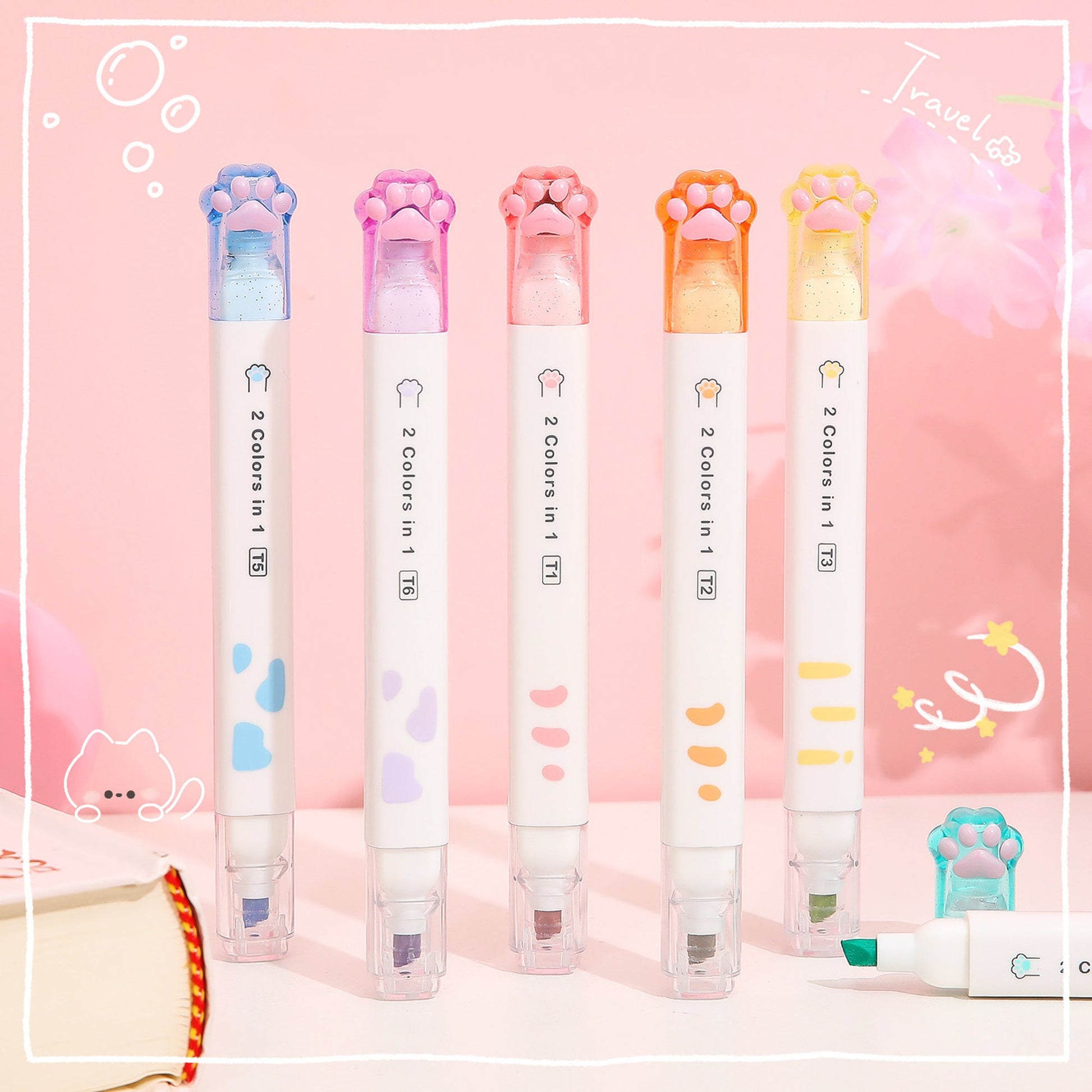 6 Pcs Cat Paw Marker Pen Highlighter with a Pink Background Double Ended 12 Color