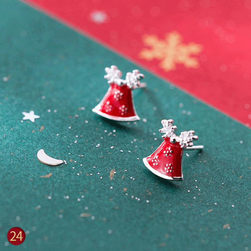 Christmas Red Bell Earring with Cute Antlers in Sterling Silver on the Green  Paper