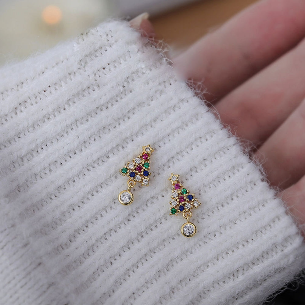 Christmas Holiday Earrings with Colorful Cubic Zirconia in Sterling Silver on a Cozy Sweater