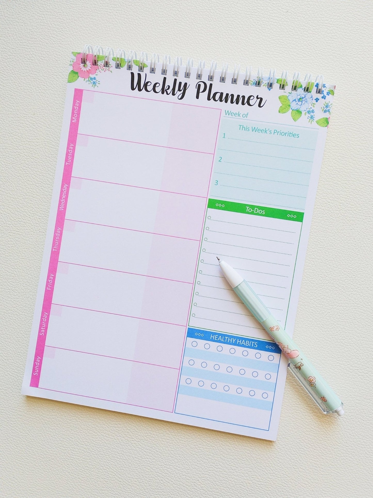 Floral Undated Weekly Planner with To-Do list & Habits Tracker with a Gel Pen 