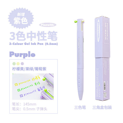 Purple Barrel 3 Color Gel Ink Pen with Yellow Green Purple Color and Package