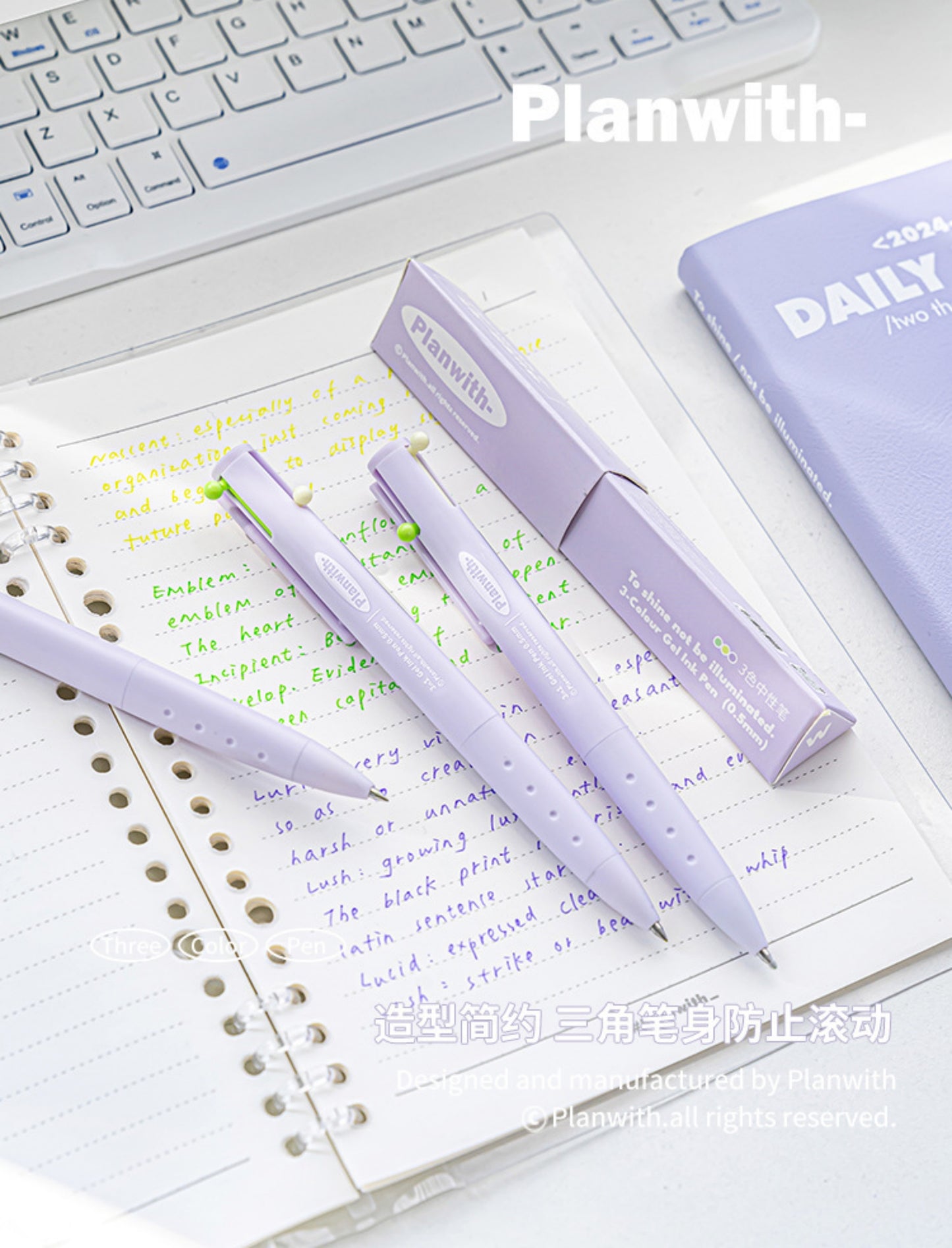 Three Purple Pen Body Multicolor Gel Ink Pen on the Notebook