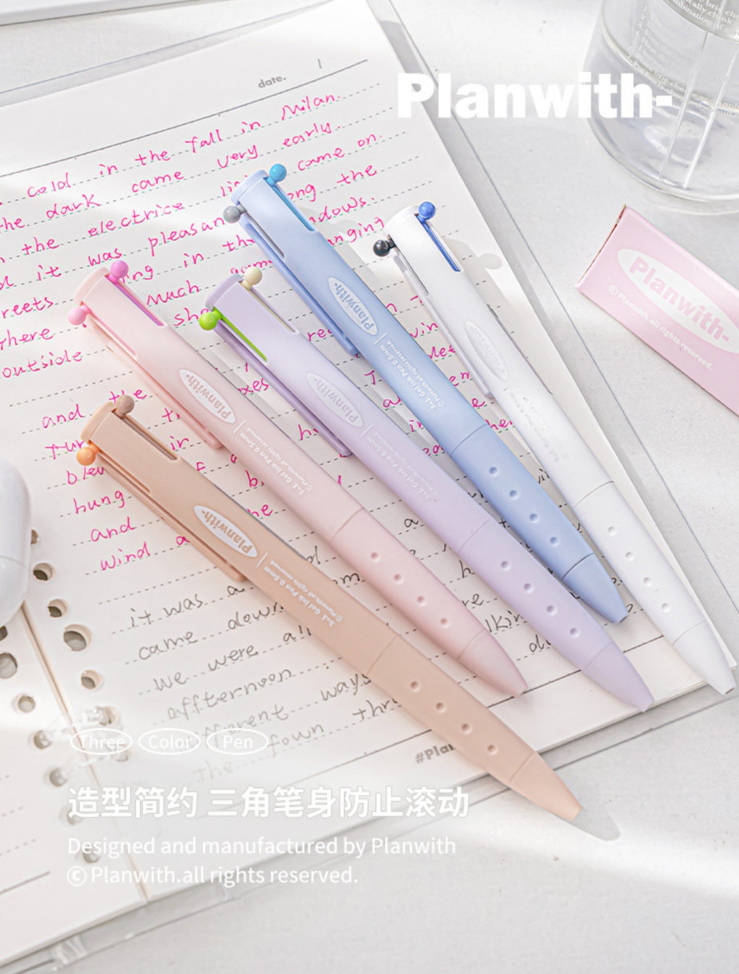 Five different Pastel Color Pen Body Multicolor Gel Ink Pen on the Notebook