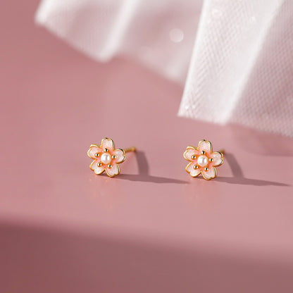 Front View of S999 Silver Sakura Flower Stud Earrings