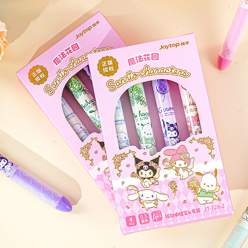 Sanrio gel pen set featuring cute characters in a pink box. Includes 4 pens with 0.5mm fine tips, ideal for journaling