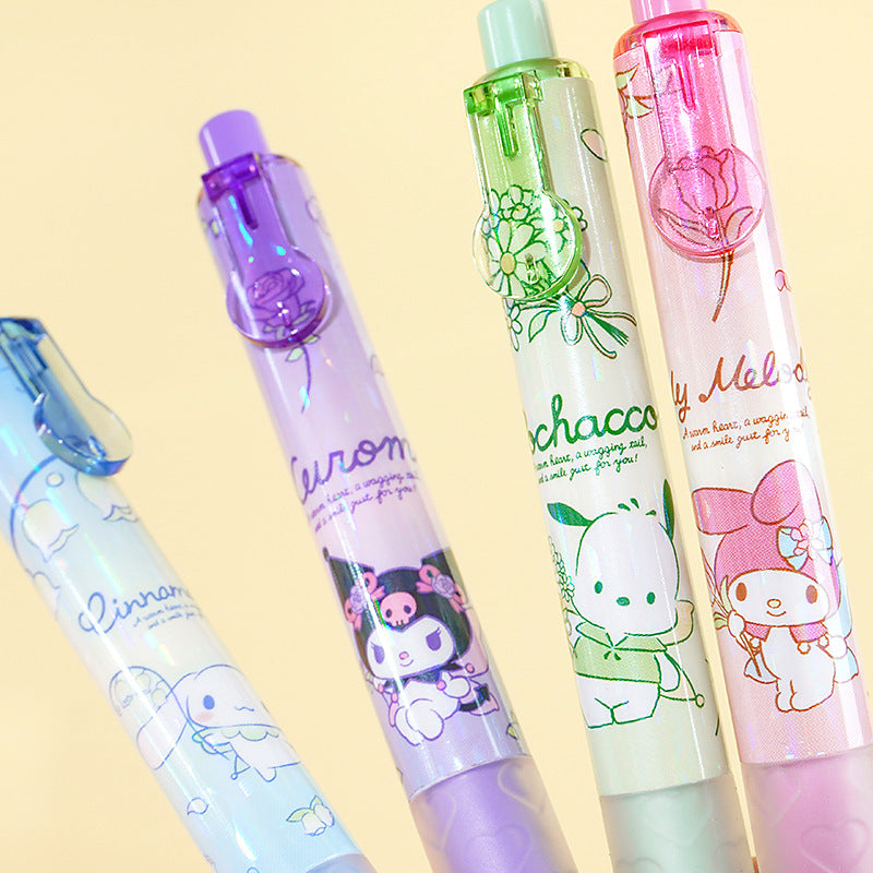 Close up of 4Pcs Sanrio Gel Pen Set featuring Blue Cinnamoroll Purple Kuromi Green Pochacco Pink My Melody