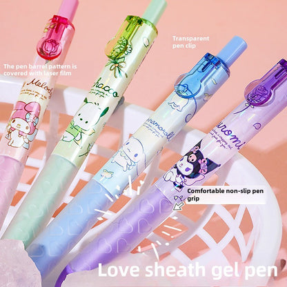 Close up of Sanrio Gel Pen featuring pen barrel covered with laser film comfortable non slip pen grip with love heart pattern