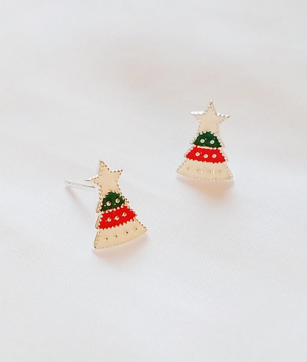 Pair of silver Christmas tree stud earrings with red and green enamel accents  