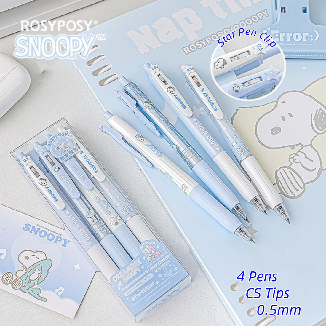 Cute Blue Snoopy Pen Sets 4Pcs with Transparent Plastic Box on the Blue Snoopy Notebook