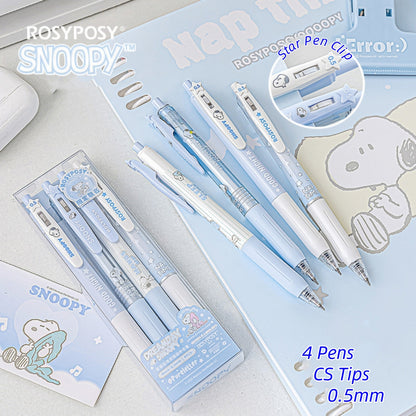 Cute Blue Snoopy Pen Sets 4Pcs with Transparent Plastic Box on the Blue Snoopy Notebook