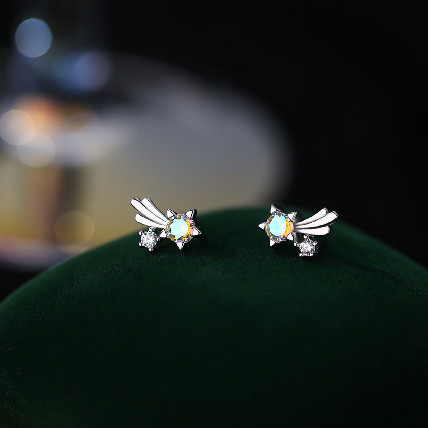 Star Stud Earring with Cubic Zirconia in Sterling Silver on the Green Jewelry Box