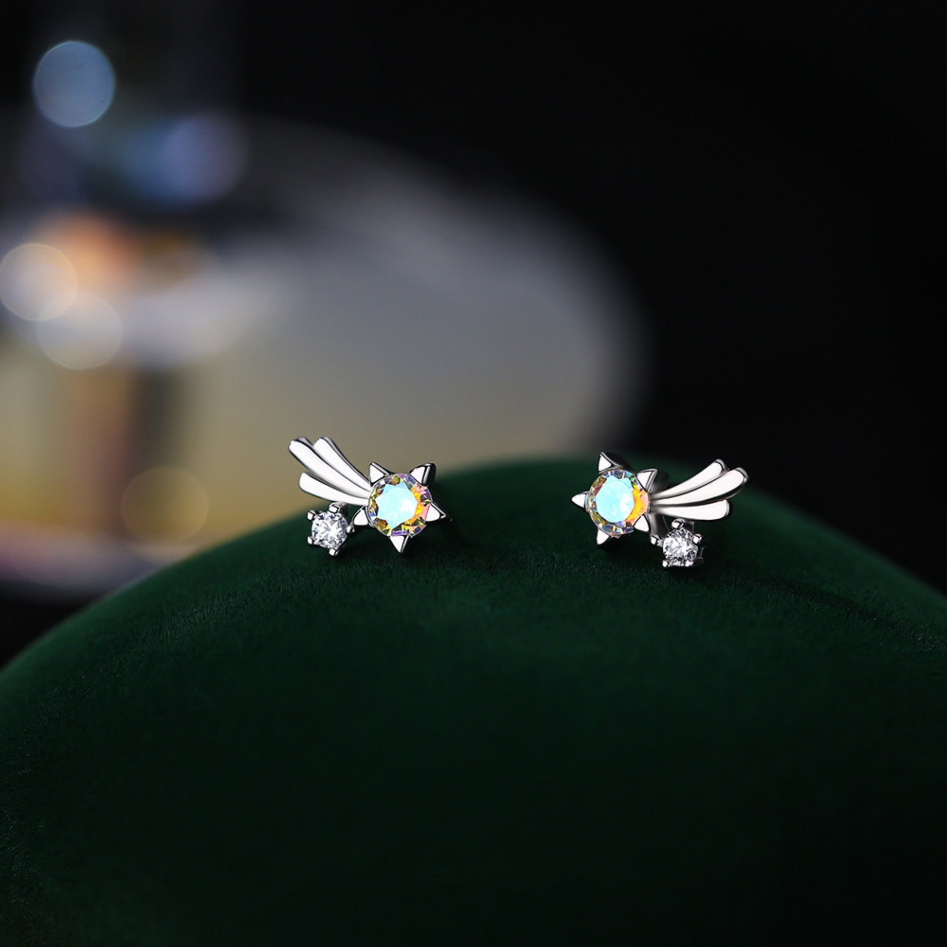 Star Stud Earring with Cubic Zirconia in Sterling Silver on the Green Jewelry Box