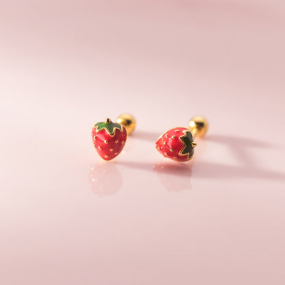 Close up of Sterling Silver Strawberry Stud Earrings with a Screw Back