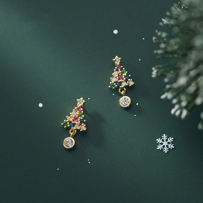 Xmas Tree Earrings with Colorful Cubic Zirconia in Sterling Silver with Green Background