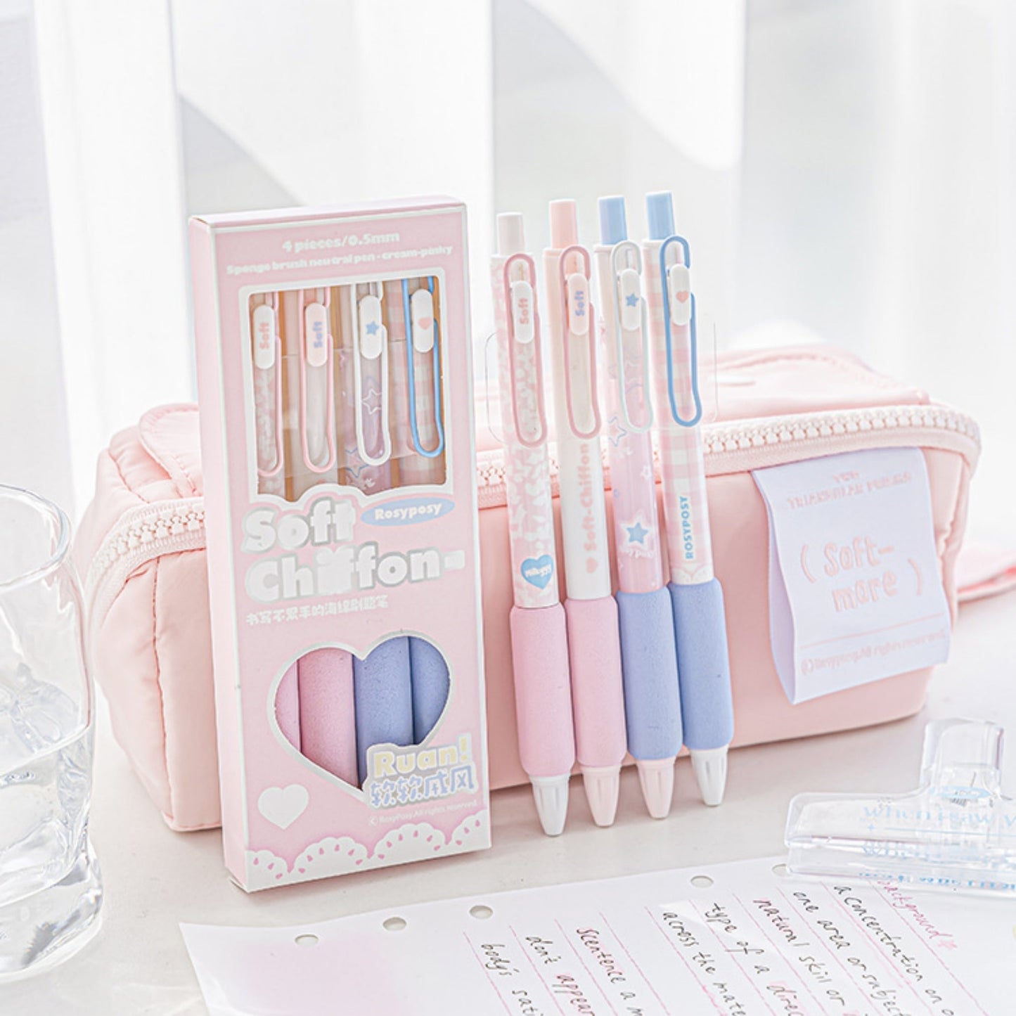 Rosy Posy 4Pcs Soft Chiffon Gel Pen Set - 0.5mm - Pink Series with Pink Package Box Lean on a Pink Pencil Case