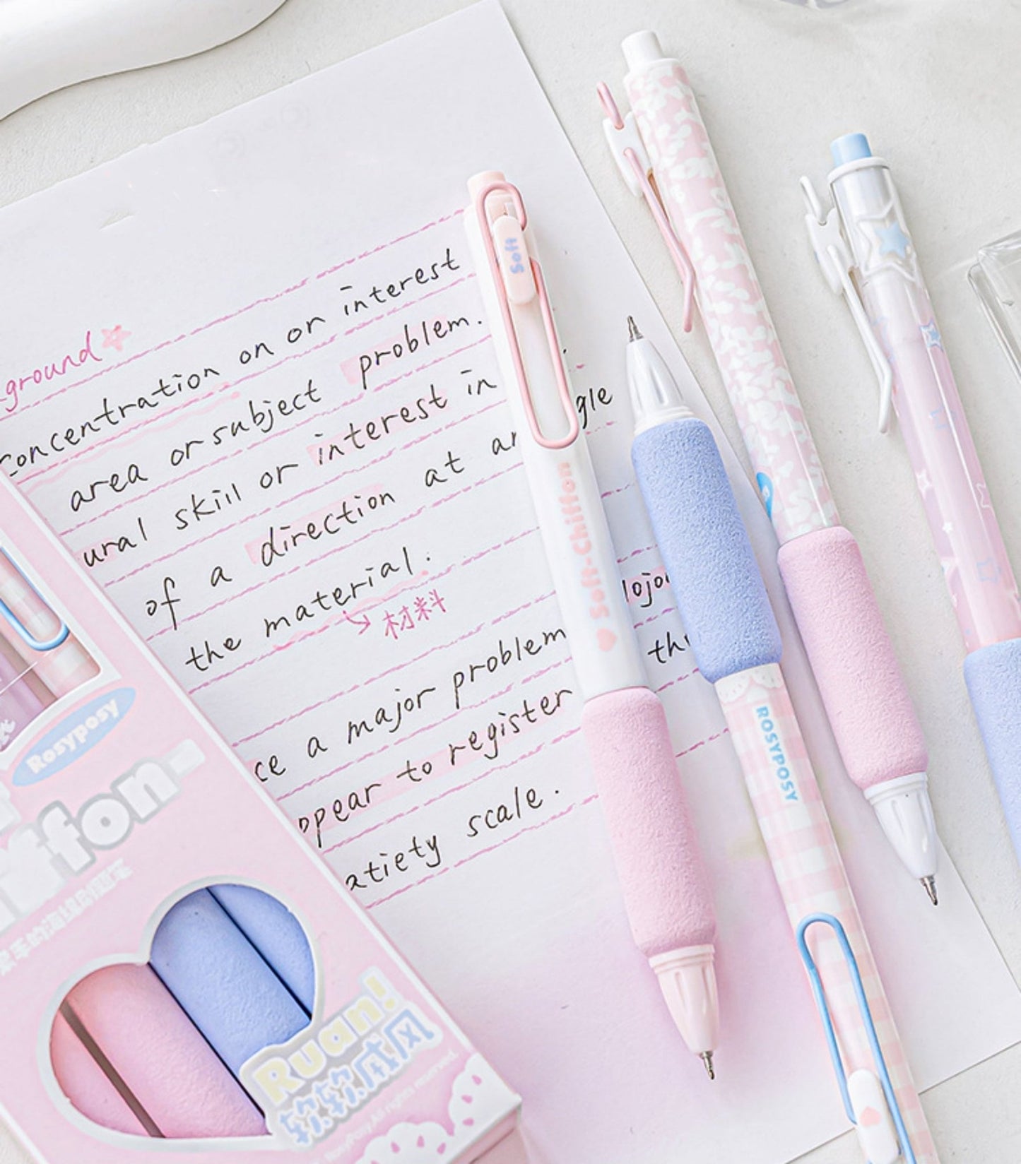 Rosy Posy 4Pcs Soft Chiffon Gel Pen Set - 0.5mm - Pink Series - Twinkle Star Gifts